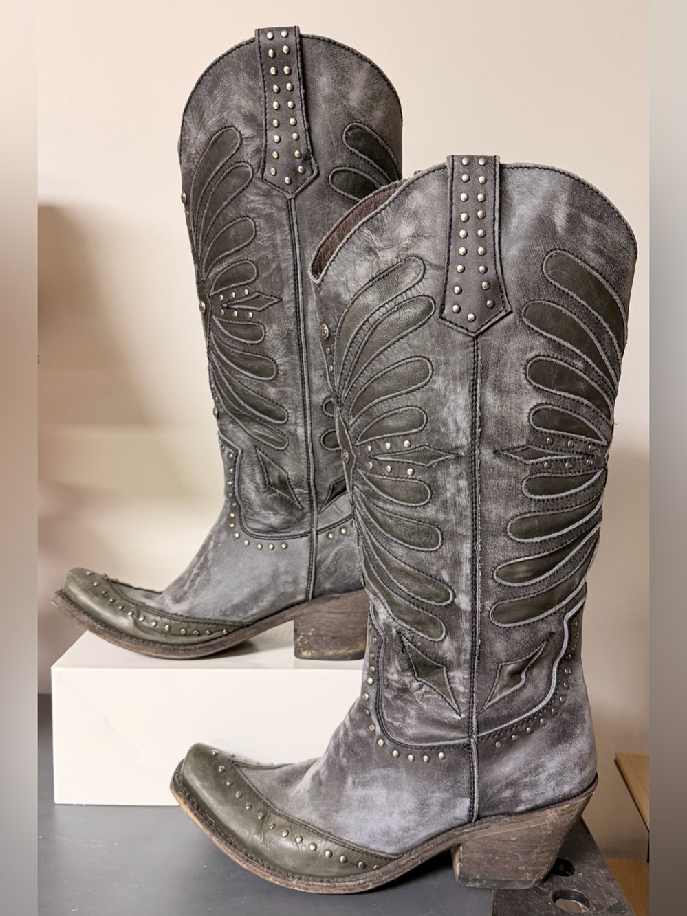 LIBERTY Black Vintage Tarqueza Distressed Studded Western Heeled Boots